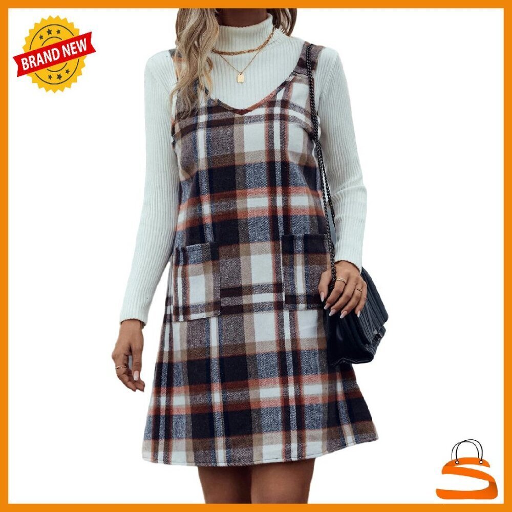Sleeveless Plaid Overall Dress with Pockets - Wool Blend Fall Winter